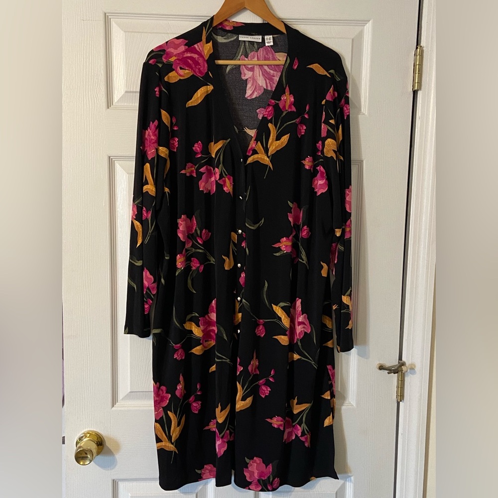 Susan Graver 3XL Black Pink Floral Print Textured Liquid Knit Long Cardigan NEW